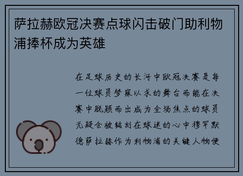 萨拉赫欧冠决赛点球闪击破门助利物浦捧杯成为英雄